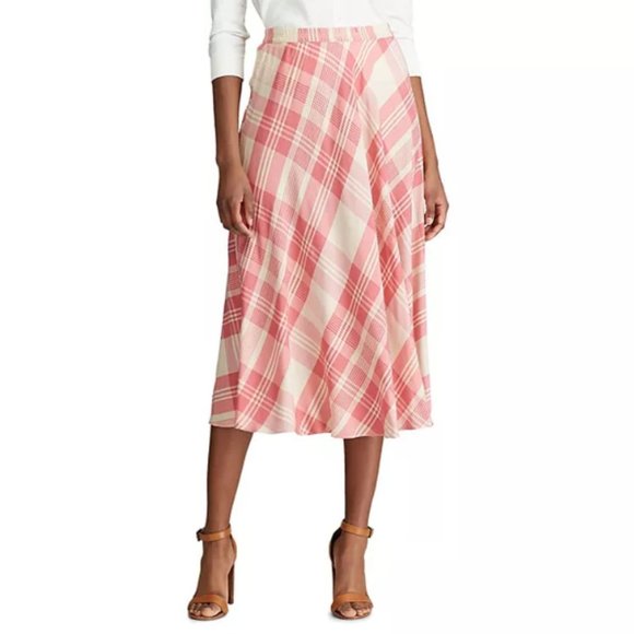 Chaps Ralph Lauren Silky Elastic-Waist Midi Pink & Beige Flowing Midi Skirt - Picture 1 of 4